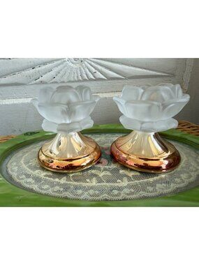 VTG 60s William Adams German Frosted Glass Flower Copper Candle Stick Holders